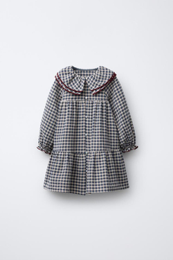 ZARA ПЛАТЬЕ В КЛЕТКУ С ВОЛНИСТОЙ ОТОРОЧКОЙ, СИНИЙ