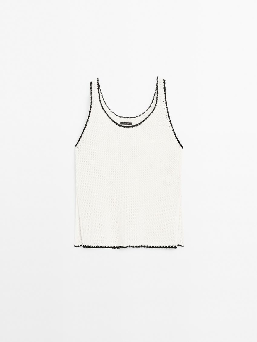 Massimo Dutti Топ из кружева кроше на бретелях из 100% хлопка, натуральный, кремовый