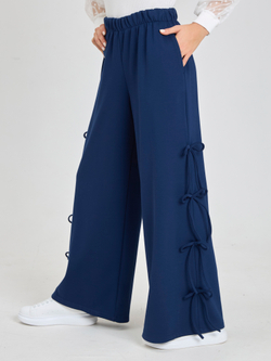 Брюки утепленные для девочки палаццо с бантиками тёмно-синие