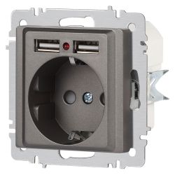 Розетка Intro Accent 6-410-09 с заземлением 2P+E Schuko со шторками 16А-250В + 2хUSB IP20 СУ титан | Intro