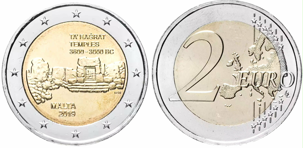 Мальта 2 евро 2019 Доисторические места Мальты - Храм Та’ Хаджрат UNC