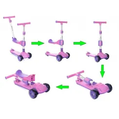 Самокат-беговел 3 в 1 Scooter Micar Transformer складной со светящимися колесами, сиденьем и родительской ручкой розовый