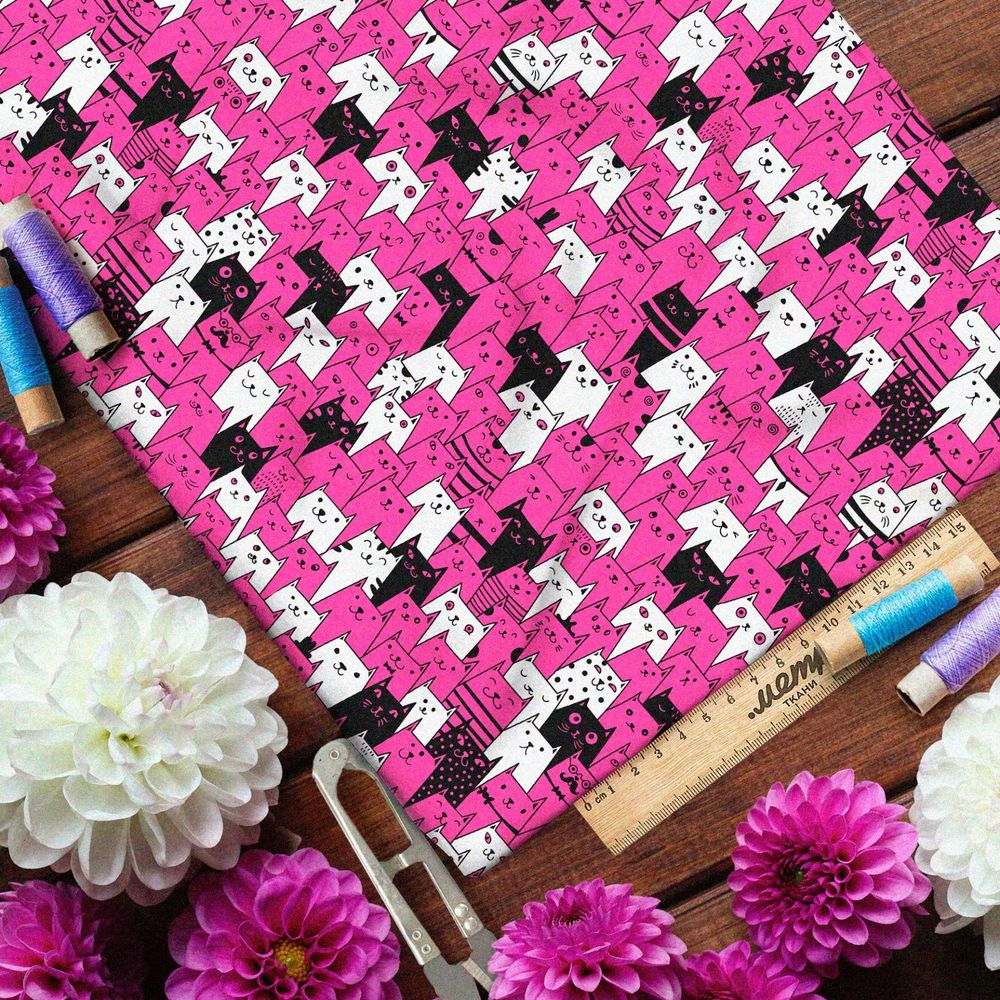 Ткань шифон розовые, белые и чёрные коты