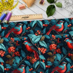Ткань оксфорд 210 райские птицы с рябиной