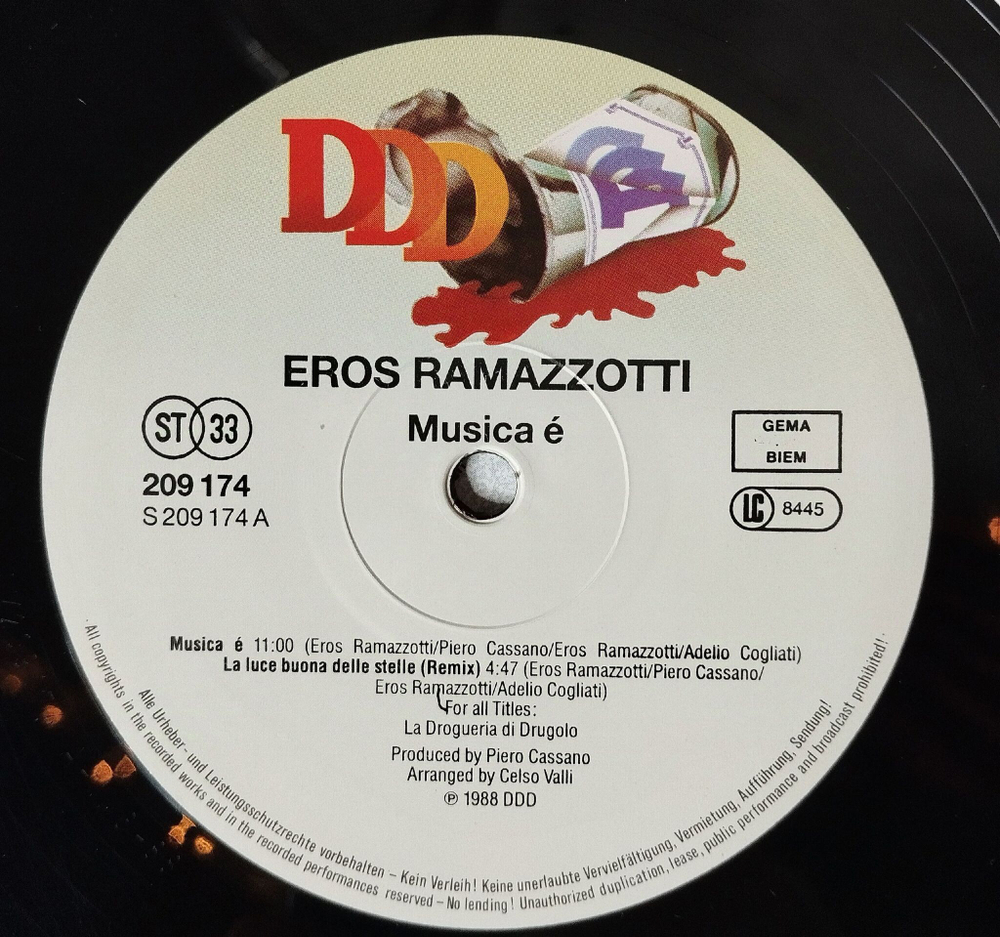 Винтажная виниловая пластинка LP Eros Ramazzotti Musica E (Germany 1988) Uno Di Noi