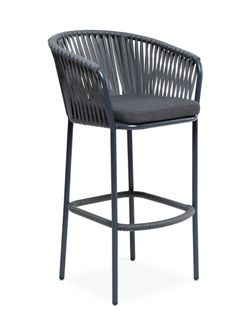 "Бордо" стул барный плетеный из роупа, каркас из стали темно-серый (RAL7024) муар, роуп серый 15мм, ткань темно-серая 027