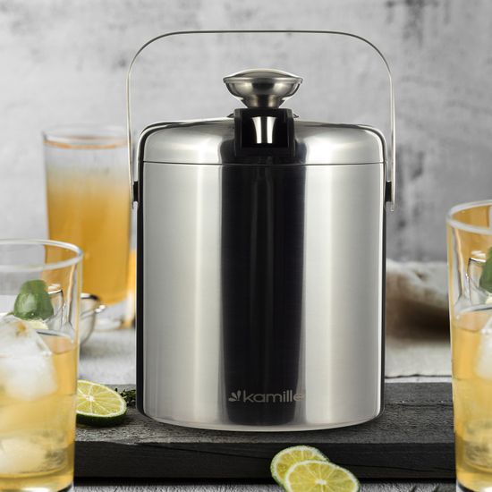 Ведро для льда 1300 мл. с крышкой Kamille KM 7766 из нержавеющей стали с ручкой и щипцами