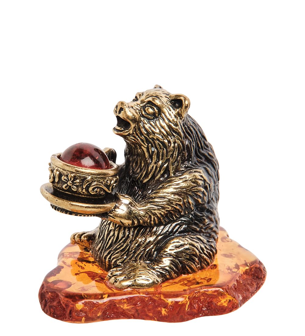 Народные промыслы AM-1859 Фигурка «Медведь с чашкой» (латунь, янтарь)