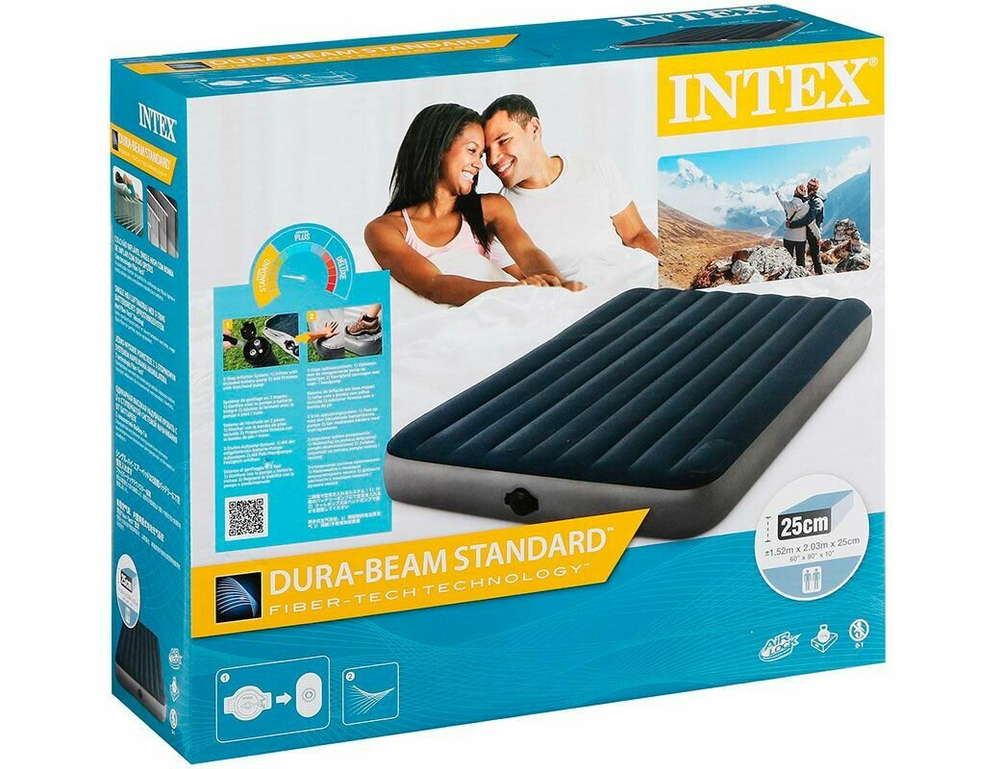Двуспальный надувной матрас Intex Single-High Airbed (Queen), 152х203х25 см, со встроенным насосом от батареек