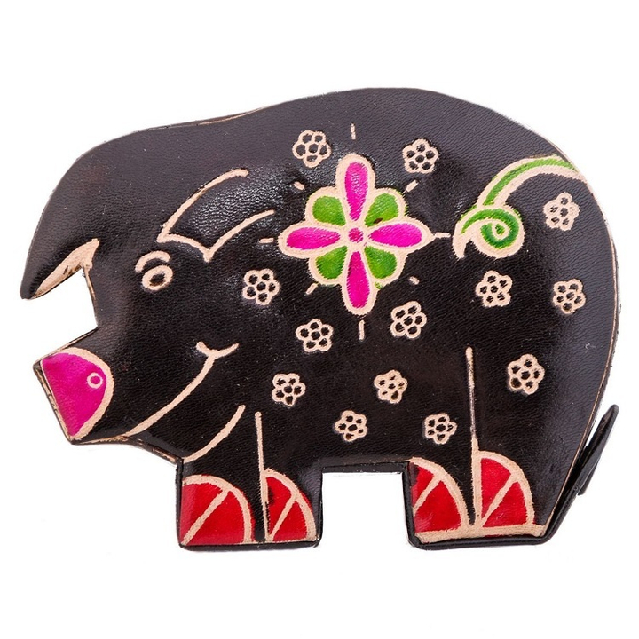 Копилка под мелочь Поросенок, цвет черный, натуральная кожа, ручной принт, 12x9x3 см.
