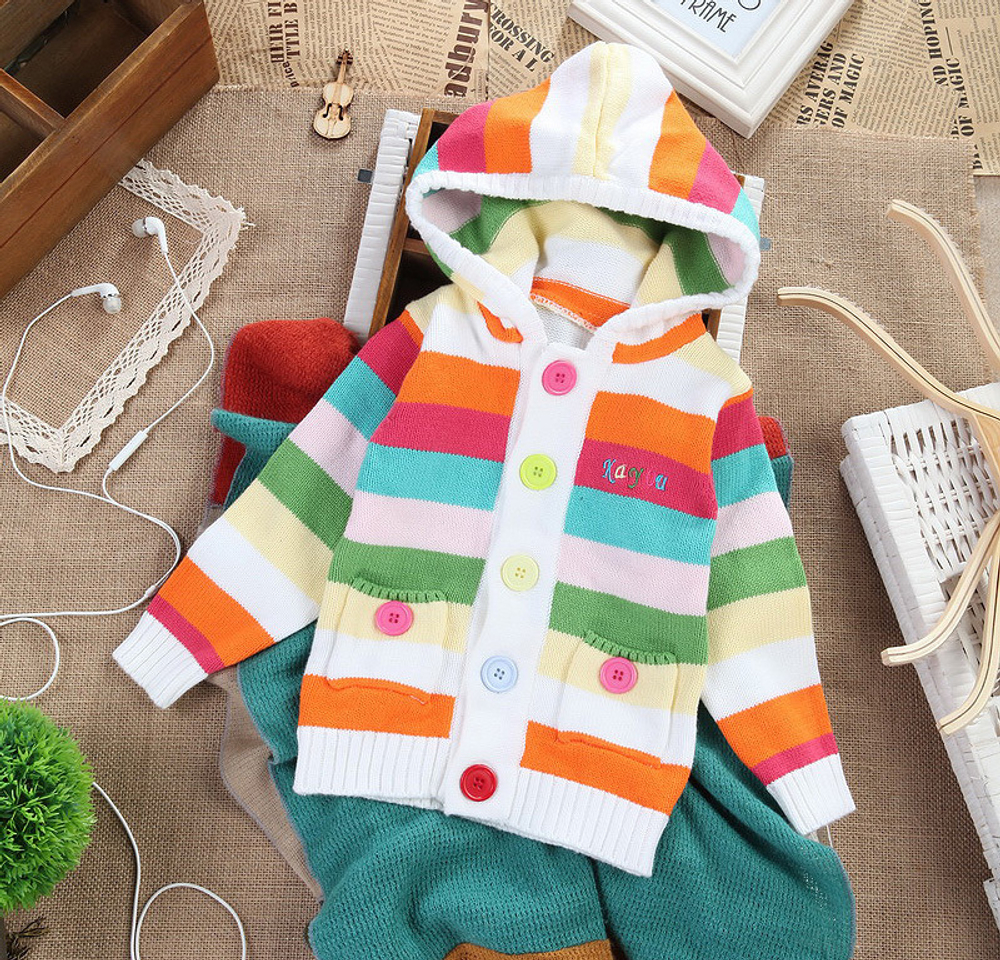 Худи детское в яркую полоску на пуговицах с карманами