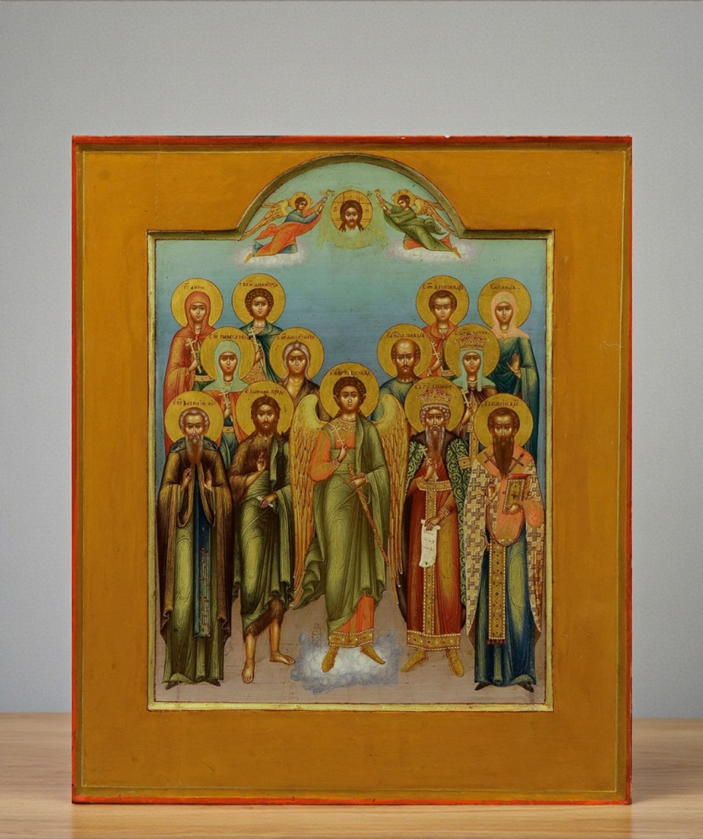 Ангел Хранитель с избранными святыми. Деревянная икона на левкасе