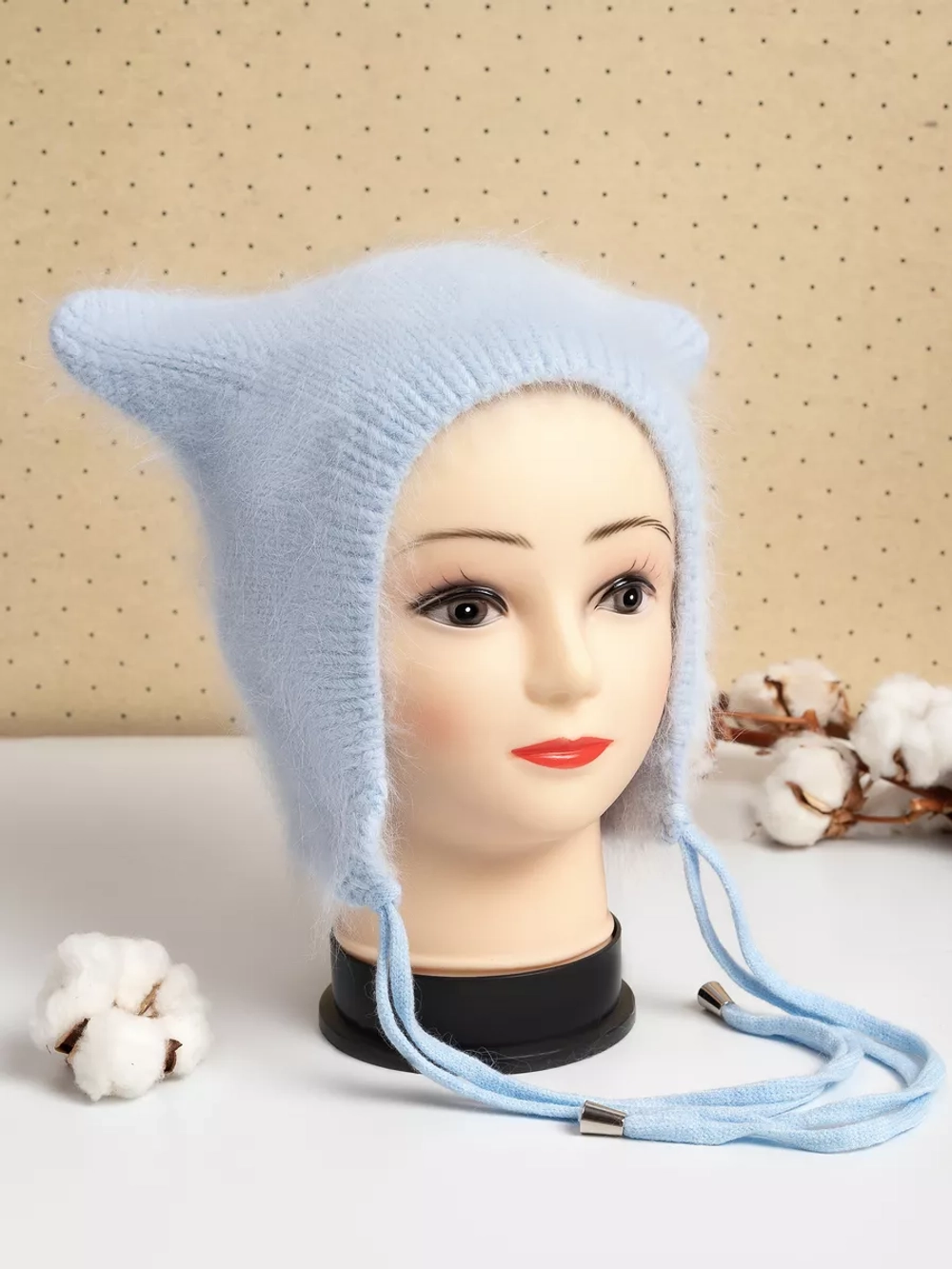 Шапка с ушками зимняя ангора вязаная