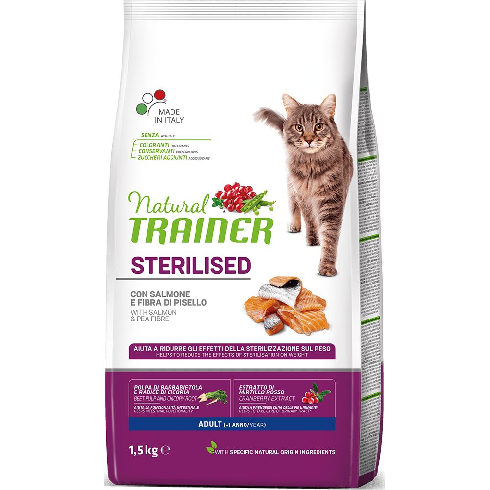 Сухой корм Trainer Natural CAT STERILISED ADULT WITH SALMON AND PEA FIBRE для взрослых стерилизованных кошек  с лососем и клетчаткой гороха 1,5 кг