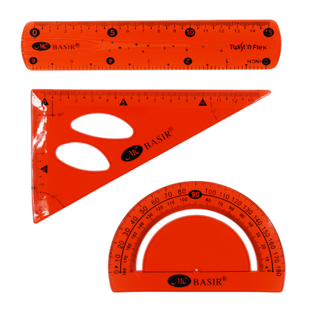 Линейка Basir пластиковая, гибкая, набор 3 шт, 3 предмета: линейка 15 см, транспортир и угольник