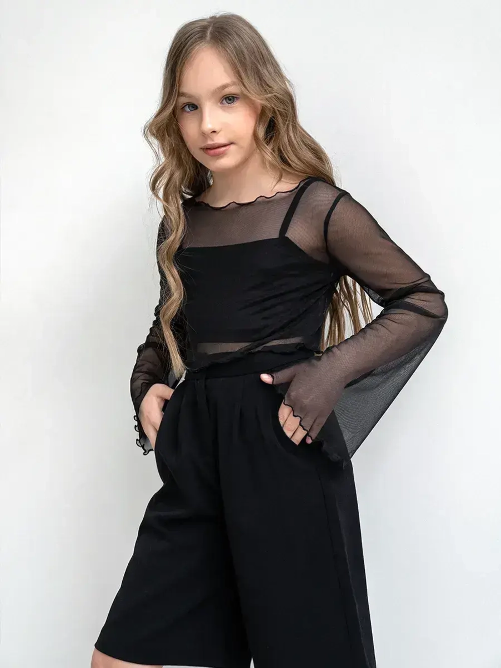 Лонгслив для девочки прозрачный укороченный и топ