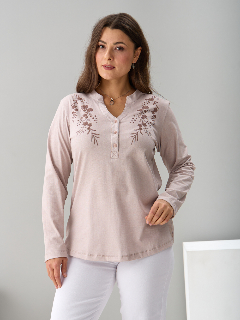 Блузка БЛ-22/бежевыйрогожка-цветы-п