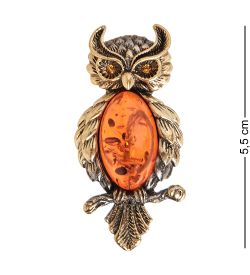 AM-1989 Брошь «Филин на ветке» (латунь, янтарь)