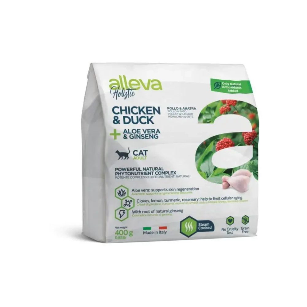 Alleva holistic cat adult chicken & duck сухой корм для взрослых кошек с курицей и уткой, алое вера и женьшенем - 400 г