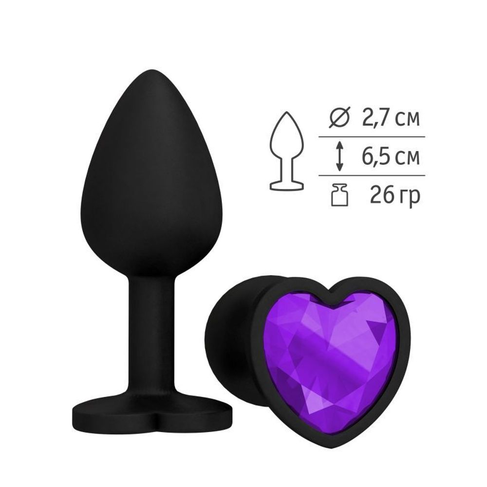 508-08 PURPLE-DD / Анальная втулка силиконовая черная с фиолетовым кристаллом сердце