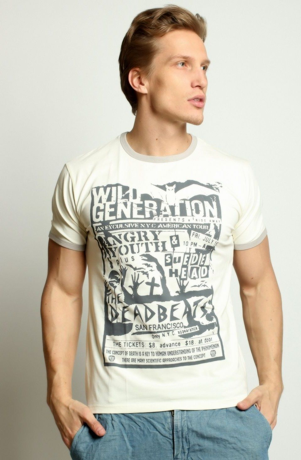 Светло-бежевая хлопковая футболка с принтом (Размер: XXL) (Цвет: бежевый)