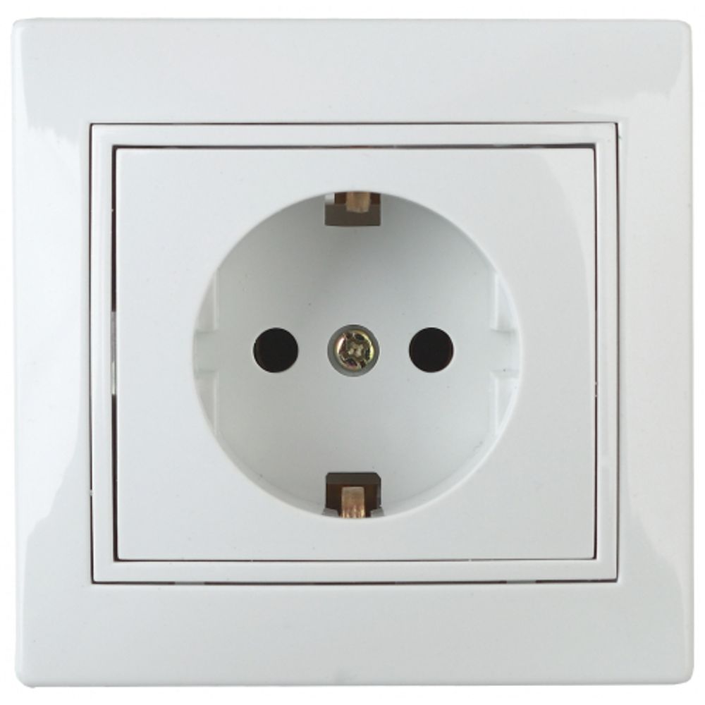 Розетка Intro Plano 1Э-206-01 с заземлением 2P+E Schuko со шторками, 16А-250В, СУ, без лапок, белый