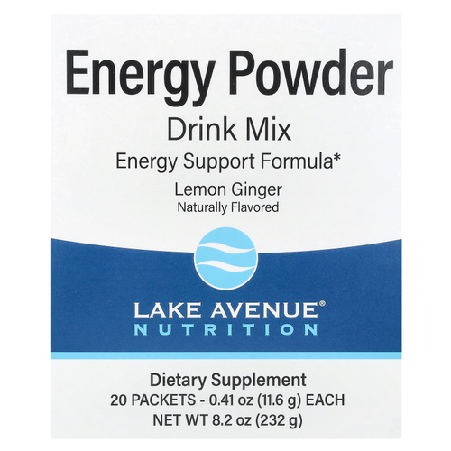 Lake Avenue Nutrition, энергетическая порошковая смесь для приготовления напитка с калием, натрием, кофеином и витамином C, лимон и имбирь, 20 пакетиков по 11,6 г (0,41 унции)