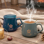 Керамическая кружка с крышкой и ложкой, 9,5*7,7 см, темно-зеленый/серый, 400 мл