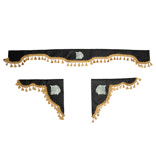 Ламбрекен с косынками универсальные стеганые Волк (экокожа, черный, золотые кисточки)