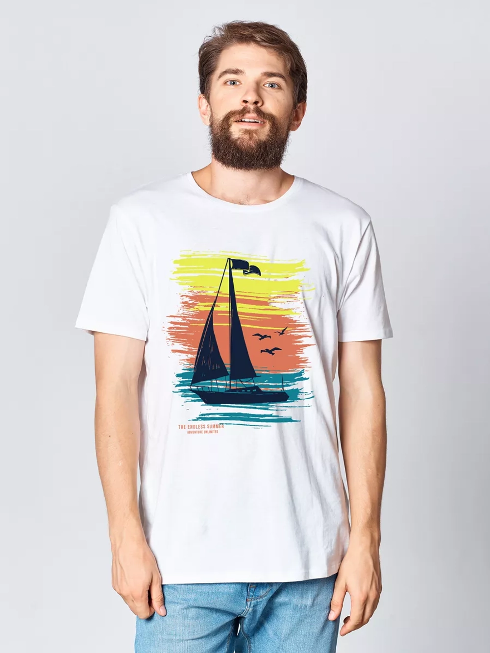 Футболка мужская белая с морским принтом дышащая