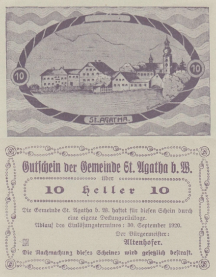 Австрия 10 геллеров 1920 Санкт-Агата aUNC