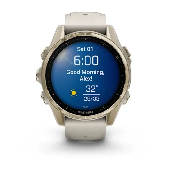 Мультиспортивные GPS часы Garmin Fenix 8S (43 mm) AMOLED, Sapphire Soft Gold with Fog Gray/Dark Sandstone Silicone Band 010-02903-11