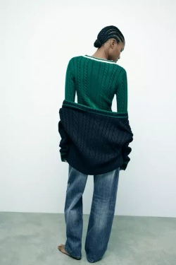 ZARA СВИТЕР С УЗОРОМ «КОСЫ», ЗЕЛЕНЫЙ