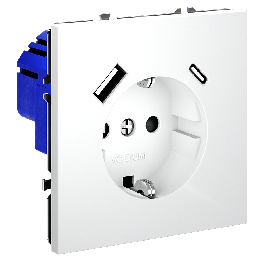 Розетка встраиваемая VOLTUM S70 с заземлением и защитными шторками, 16А, с USB, A+С, (белый матовый)