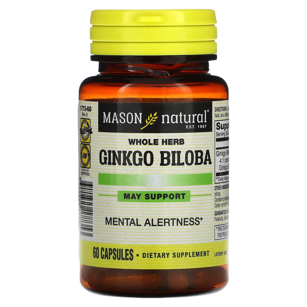 Mason Natural, цельное растение гинкго билоба, 60 капсул (125 мг в 1 капсуле)