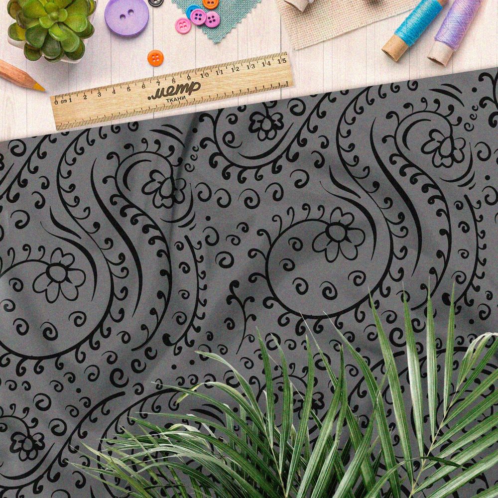 Ткань бифлекс чёрные цветы и листья на коричневом фоне
