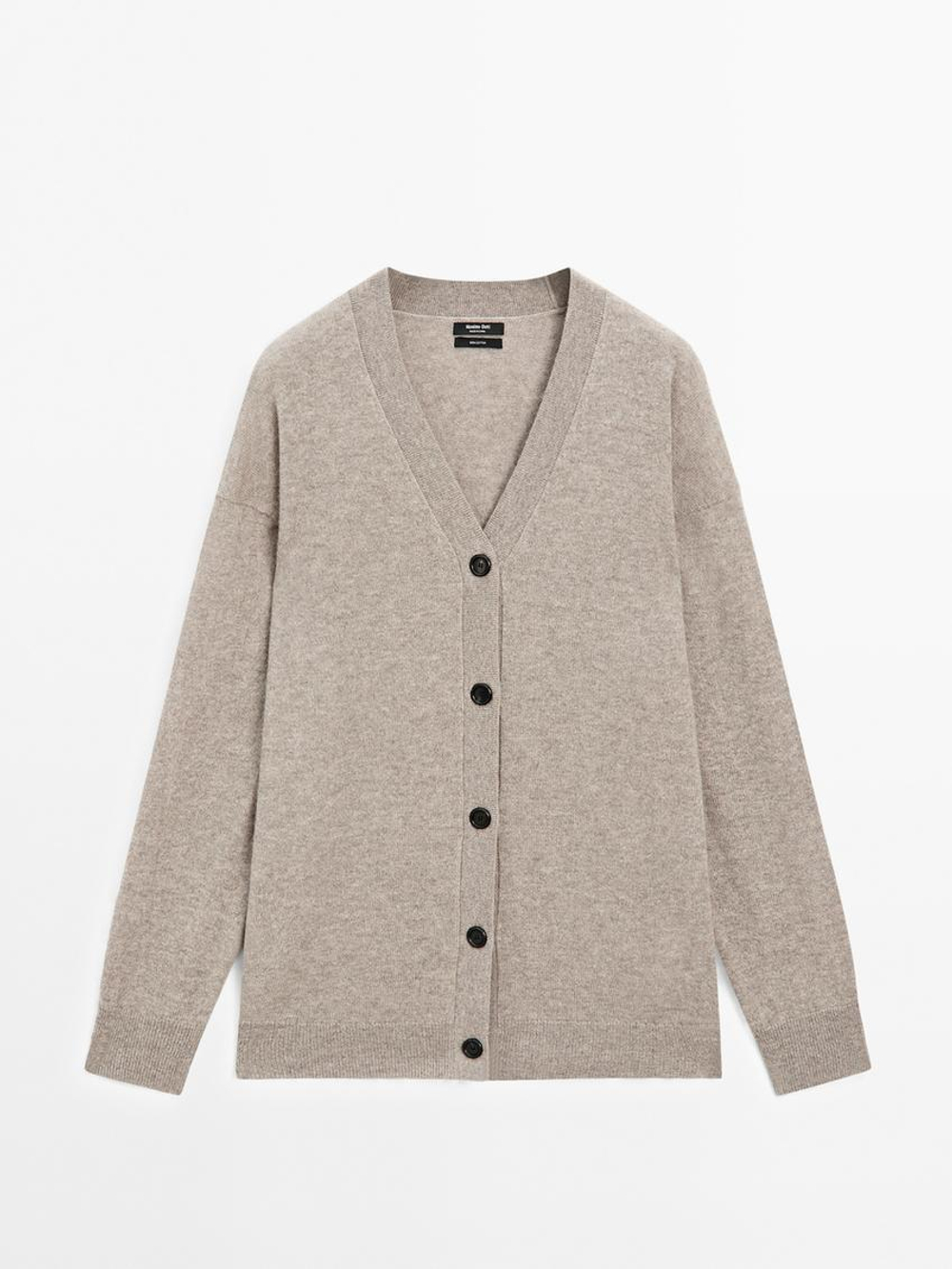 Massimo Dutti Кардиган оверсайз из 100% кашемира с V-образным вырезом, кротово-коричневый