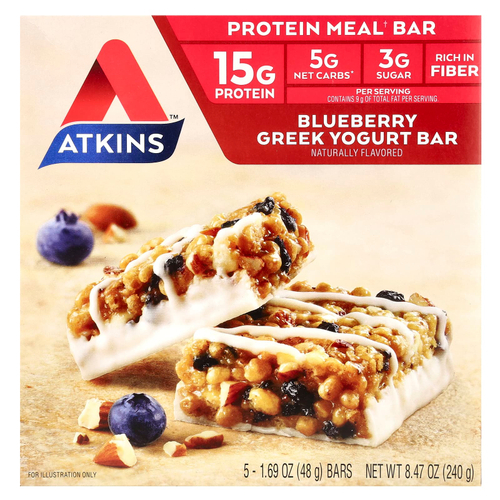 Atkins, Protein Meal Bar, греческий йогурт с голубикой, 5 батончиков, 48 г (1,69 унции)