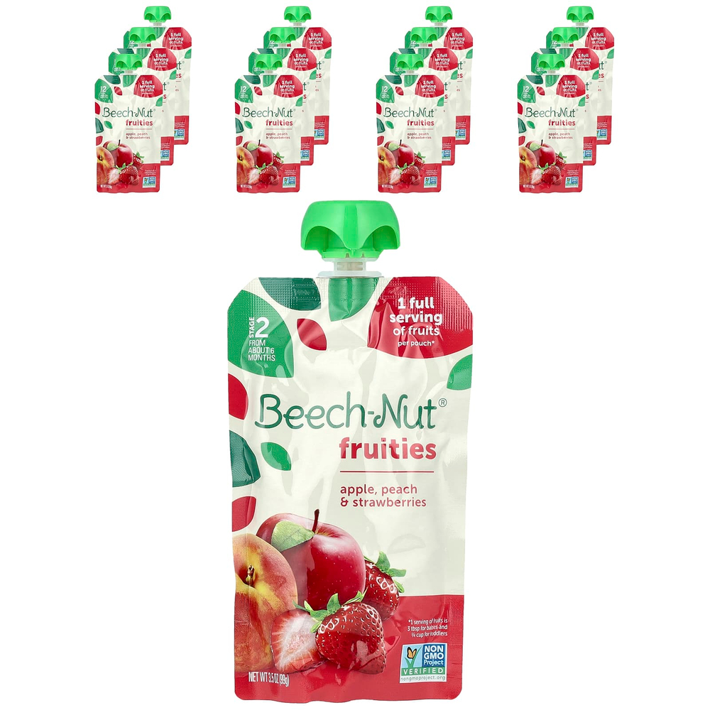 Beech-Nut, фрукты, для детей от 6 месяцев, яблоко, персик и клубника, 12 паучей по 99 г (3,5 унции)