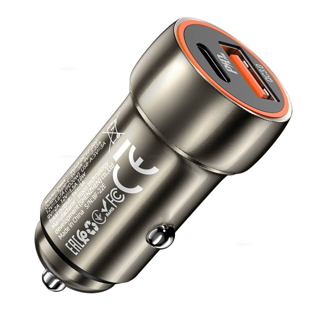 Автомобильное зарядное устройство Hoco Z46A PD20W+QC3.0 (metal grey)