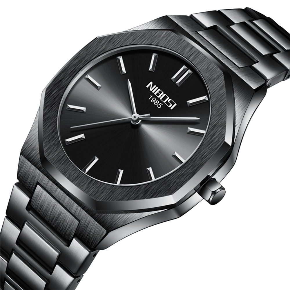 NIBOSI 1985 Quartz Movement Stainless Steel Strap Watch Men"s Watches Black Dial