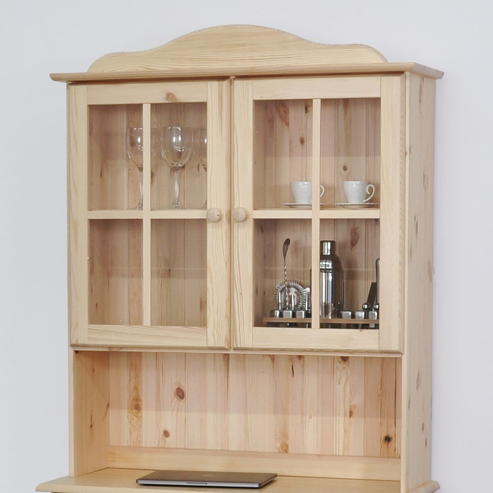 Шкаф витрина Лена двухдверный 90х39х192 см из массива сосны / буфет для кухни, прозрачный лак