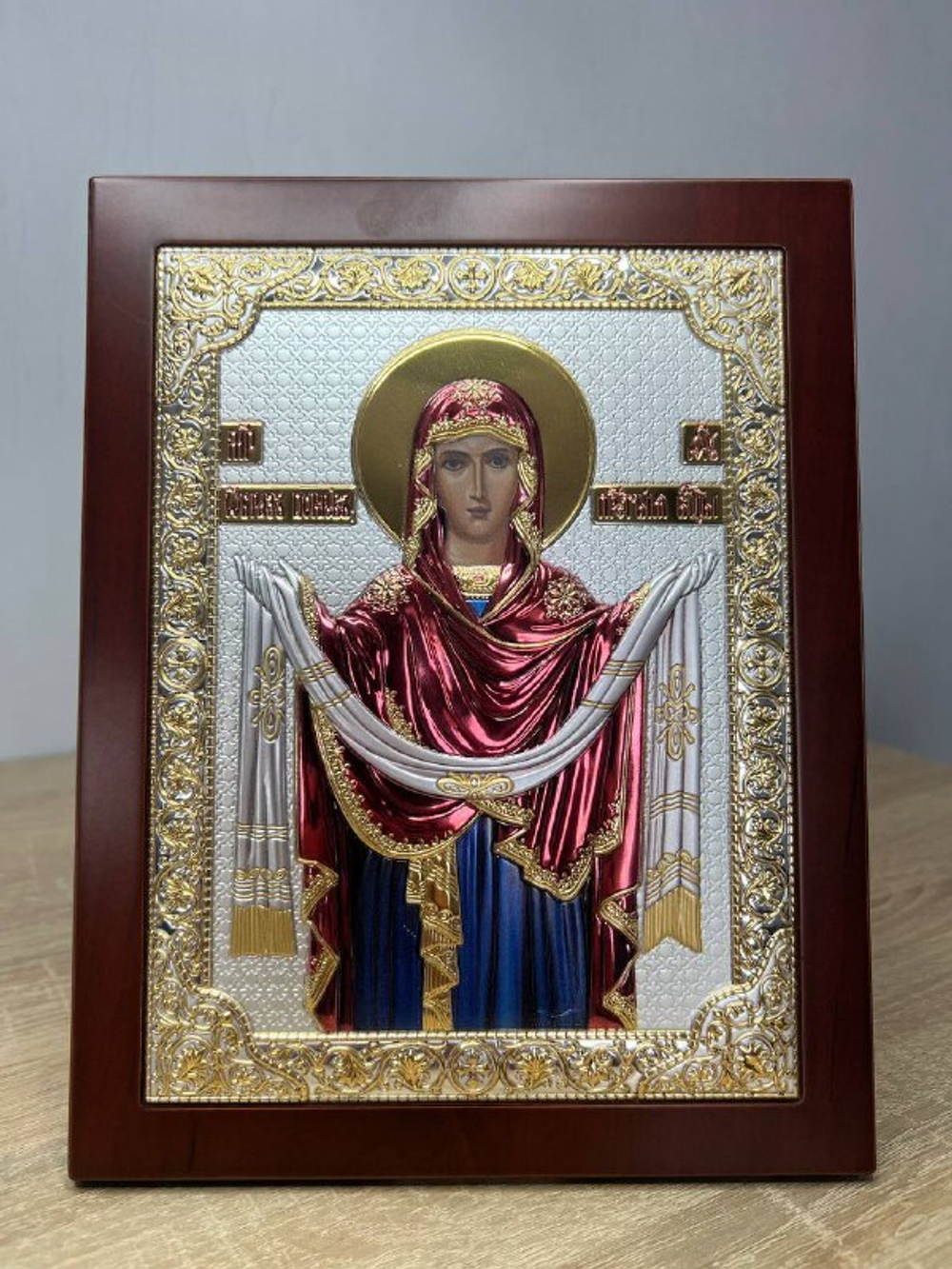 Покрова, икона прямоугольная с рамкой, красное дерево, эмаль 185х235