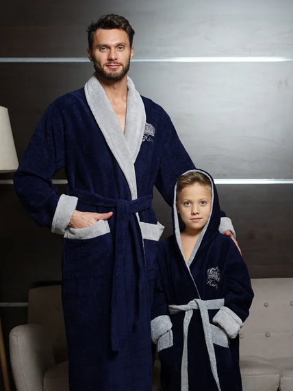 Детский велюровый халат с капюшоном KING синий