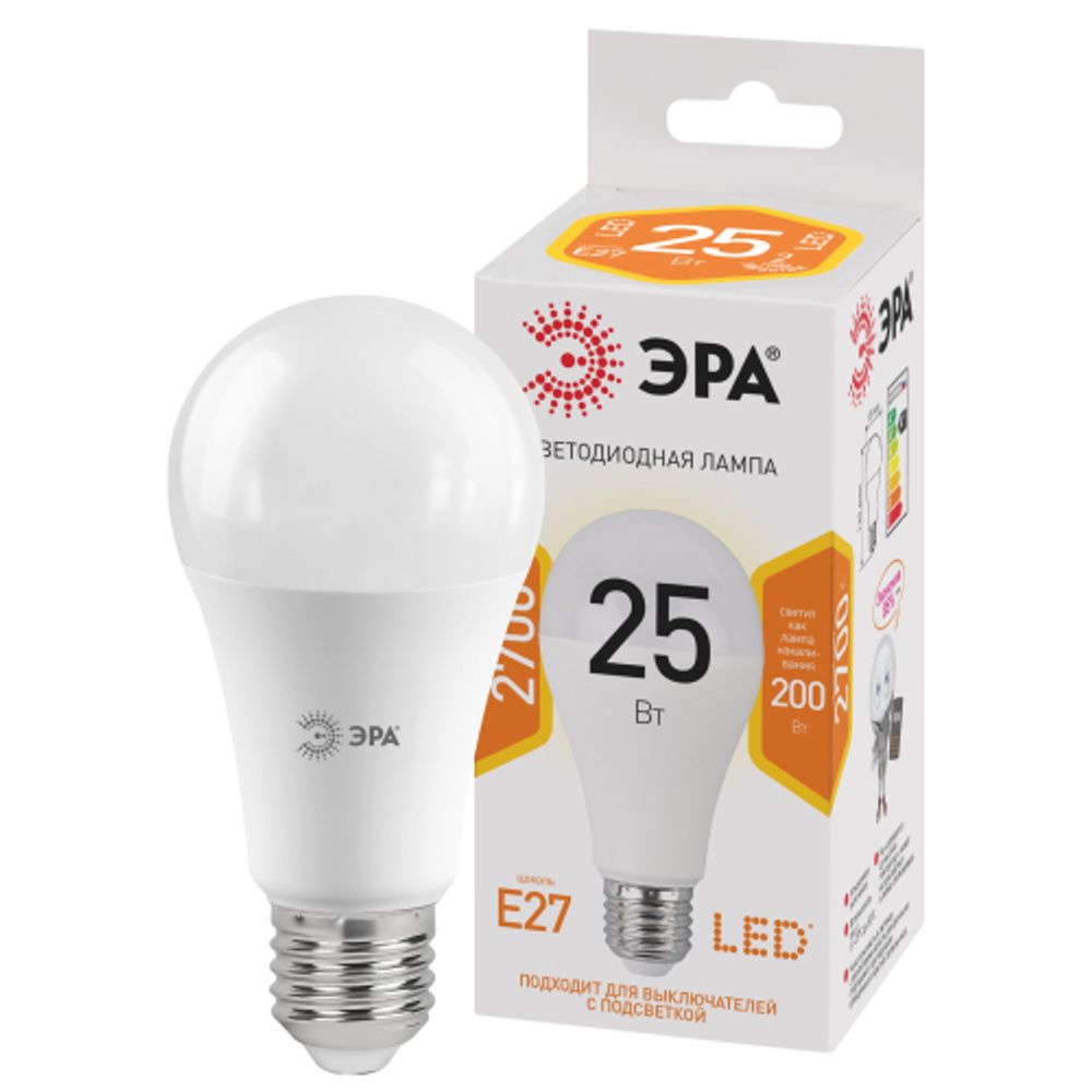 Лампа светодиодная ЭРА STD LED A65-25W-827-E27 25Вт груша теплый белый свет Е27 | Лампы cветодиодные Груша (A)