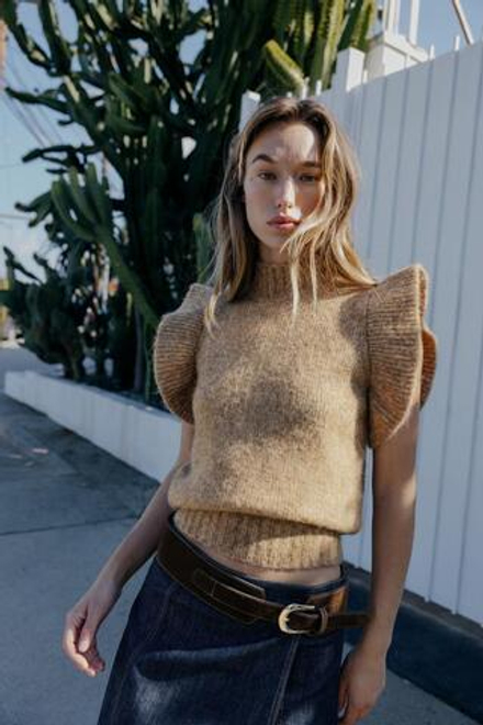 ZARA ЖИЛЕТ ИЗ ШЕРСТИ С ВОЛАНАМИ, РЫЖЕВАТО-КОРИЧНЕВЫЙ