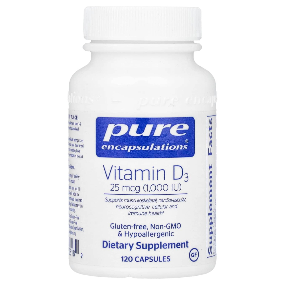 Pure Encapsulations, Витамин D3, 25 мкг (1000 МЕ), 120 капсул