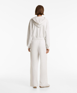 Oysho Толстовка укороченная с капюшоном и отделкой в ​​рубчик из хлопка и модала, бледно-серый меланж