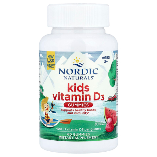 Nordic Naturals, Жевательные таблетки с витамином D3 для детей, со вкусом дикого арбуза, 400 МЕ, 60 жевательных таблеток