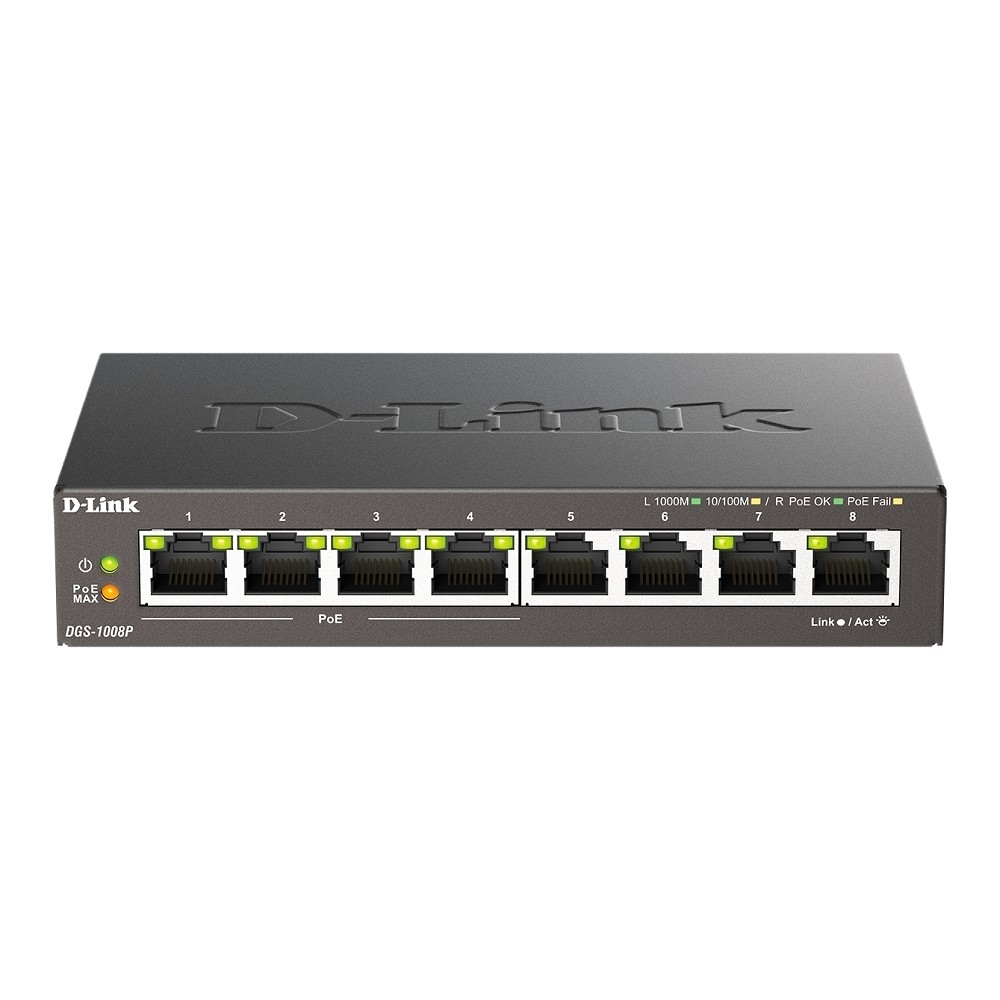 Коммутатор D-Link DGS-1008P / F3A Неуправляемый коммутатор с 8 портами 10 / 100 / 1000Base-T (4 порта PoE 802.3af / at, PoE-бюджет 60 Вт)
